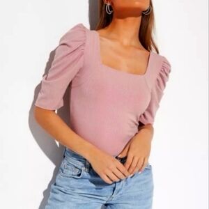 NWT Free People Night Lily Puff Sleeve Ribbed Top